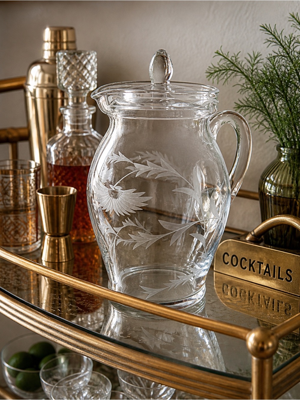 Rare Vintage Etched Glass Pitcher with Lid – Wheat Sheaf Bar Cart Serveware